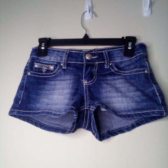 Soundgirl Shorts Juniors 1 Button Pockets Embroidery Rhinestones Denim Blue - Picture 1 of 14